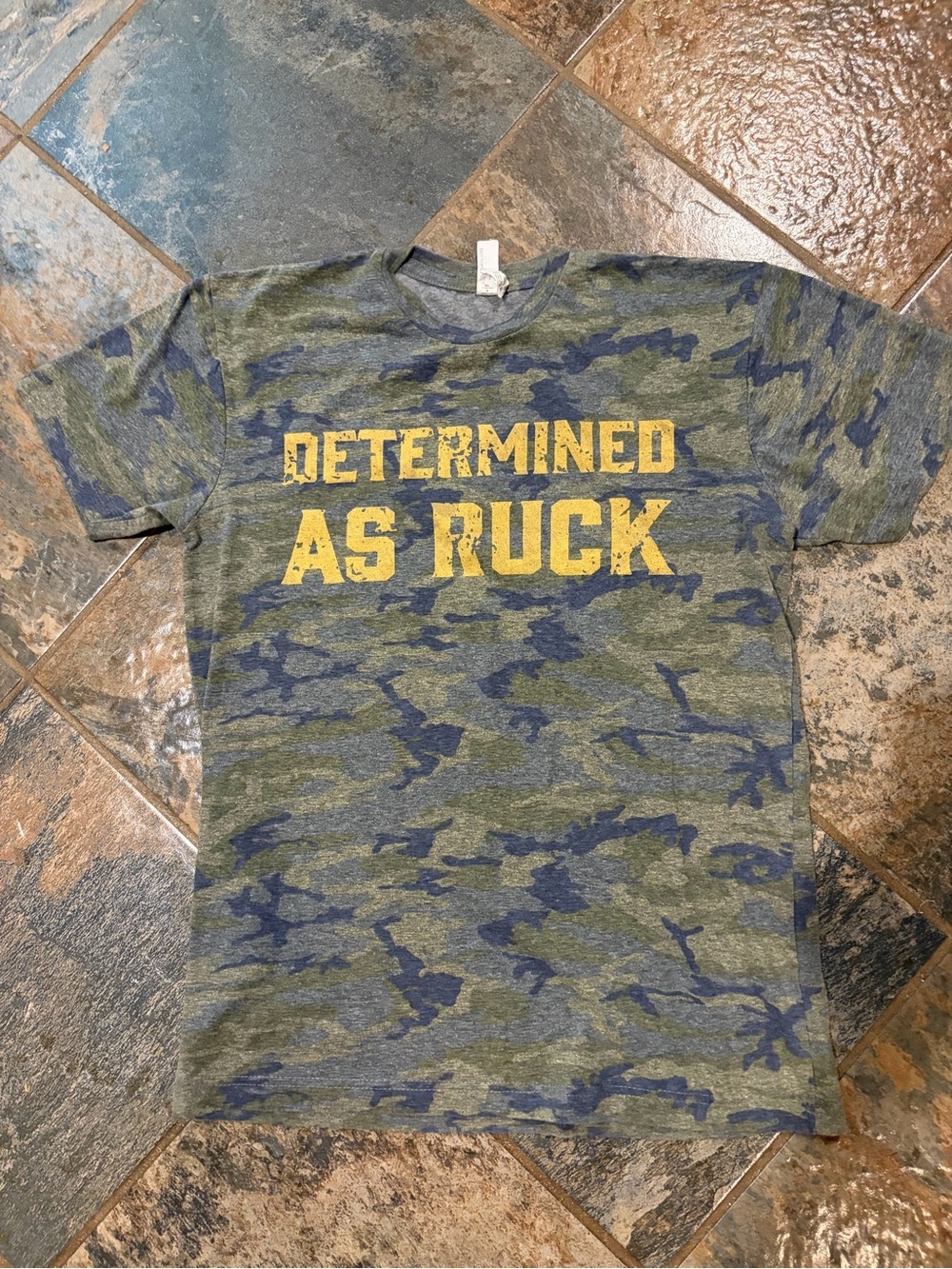 Men's Camouflage Short Sleeve Tee - Olive & Navy with Yellow Print
